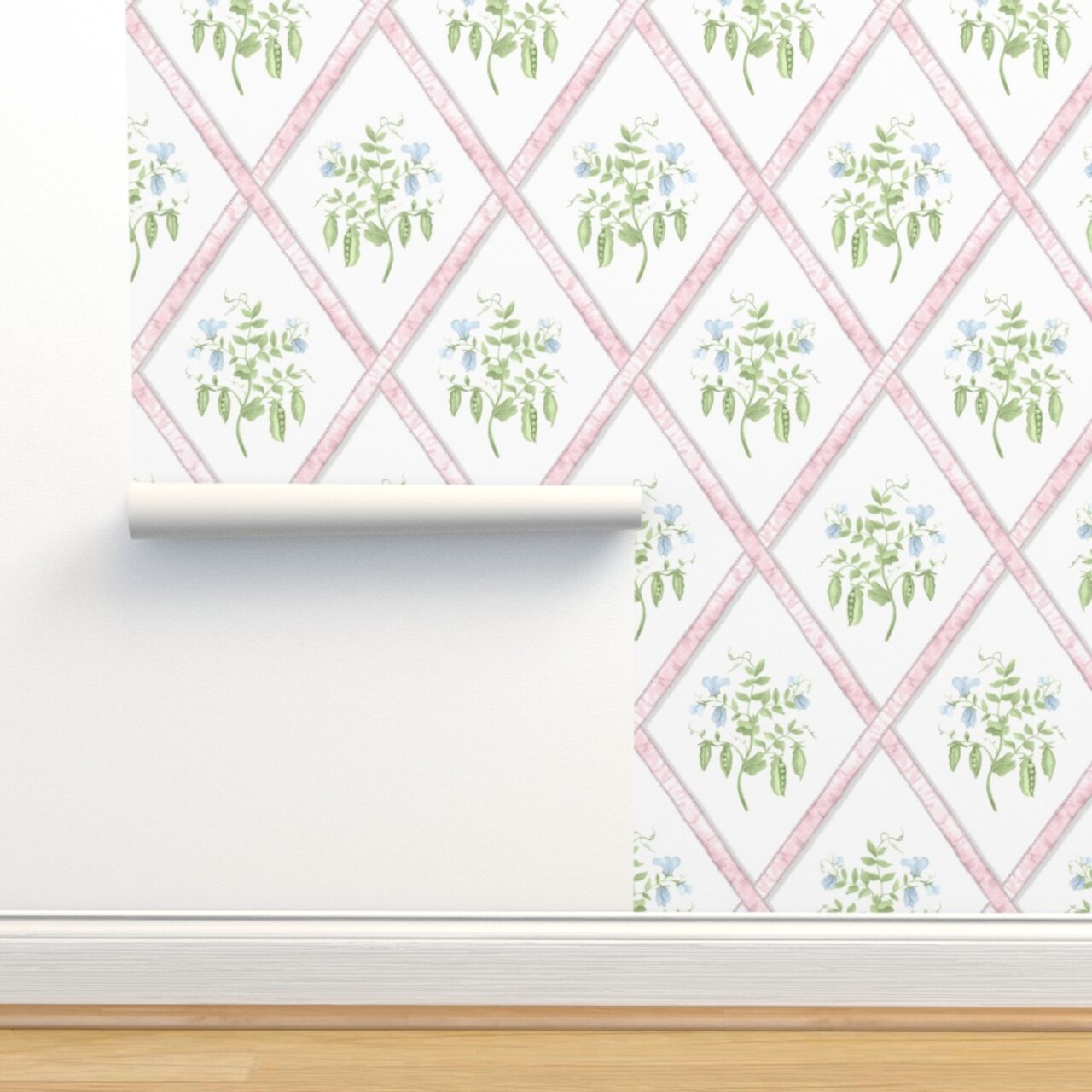 Pink Trellis Ribbons Sweet Pea Plant Blue Green Grandmillenial Custom Removable Wallpaper by Spoonflower Peel & Stick Wallpaper 2FT Wide
